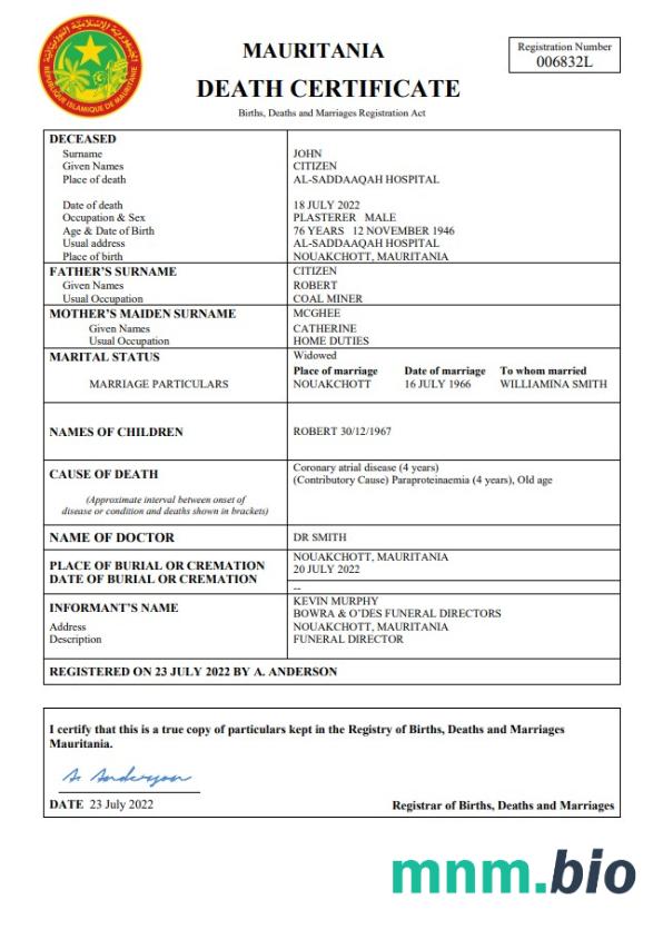 Mauritania rekord życiowy śmierć certyfikat Word i PDF szablon
